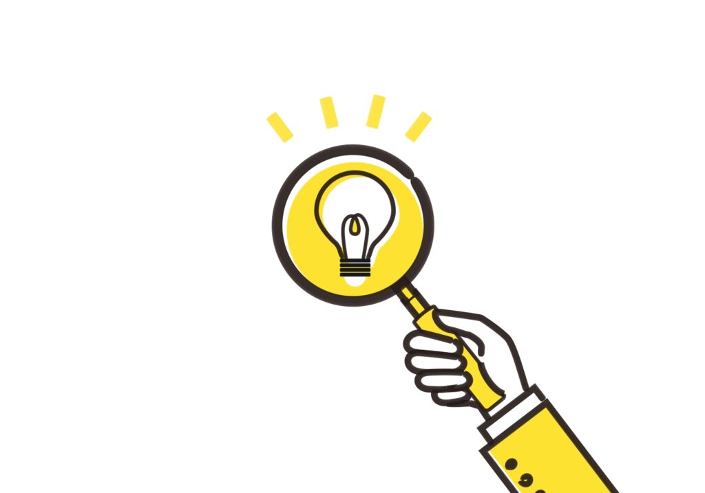 アイデアを発見するコンセプトイラスト、虫眼鏡を持つ手